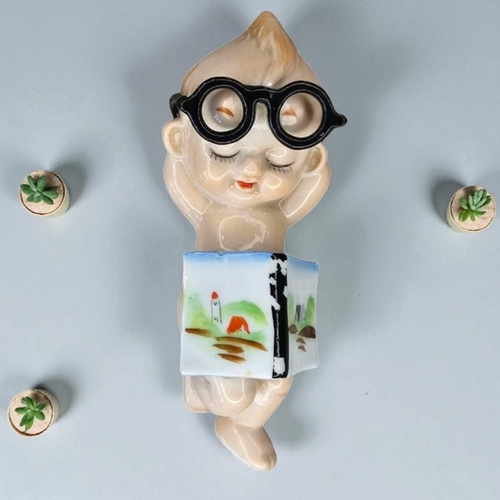 60s 70s Kitschy Kewpie Sleeping W Book And Glasses Bookworm Nic Nac Ceramic 5.5"